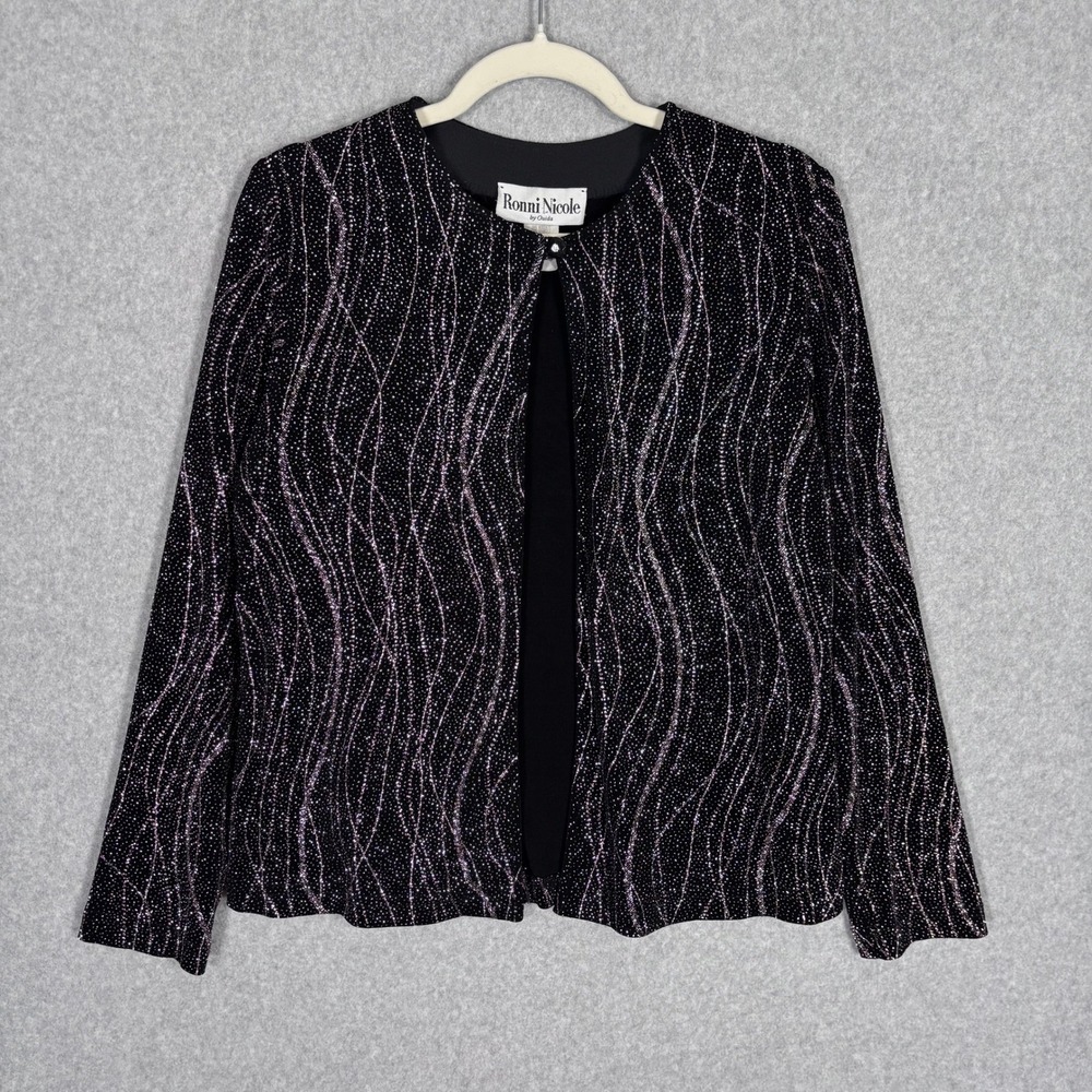 Ronni Nicole Shimmer Jacket Small Black Pink Sparkle Metallic Slinky Liquid Knit